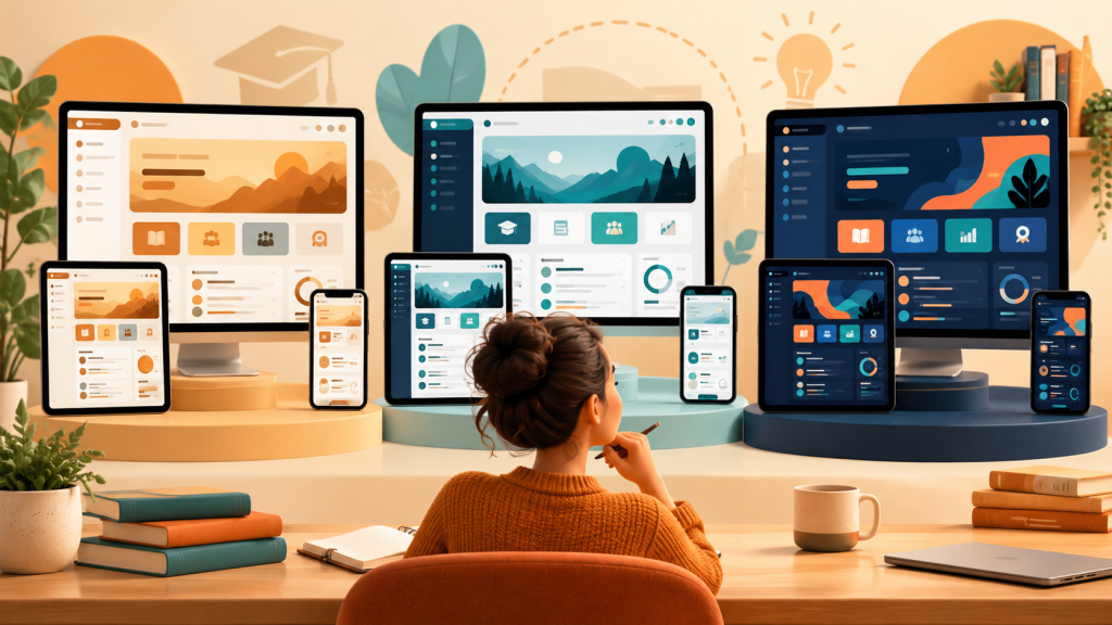 Comparison of modern Moodle 5.3 course theme layouts on several devices