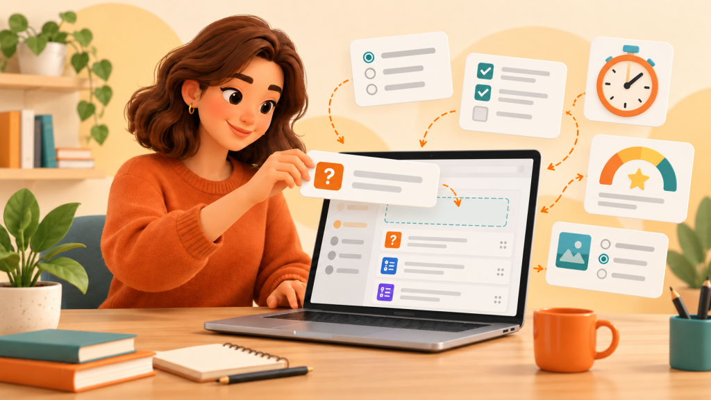 Educator arranging questions, answers, a timer and grading controls in an online quiz