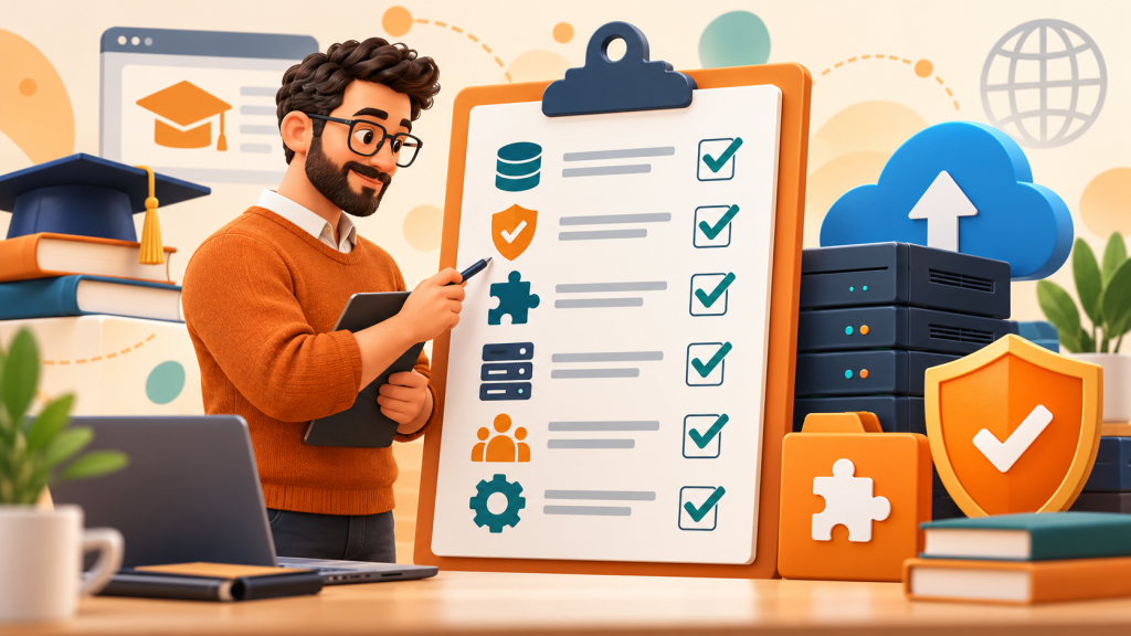 Detailed Moodle 5.3 upgrade checklist beside a laptop and backup drive